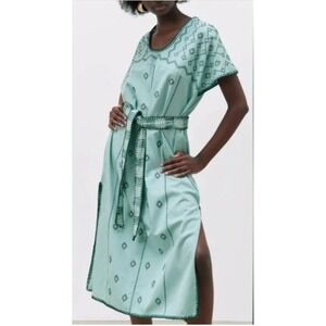 Zara Southwestern Embroidered Midi Dress Small Linen Blend Belted Kaftan Blue